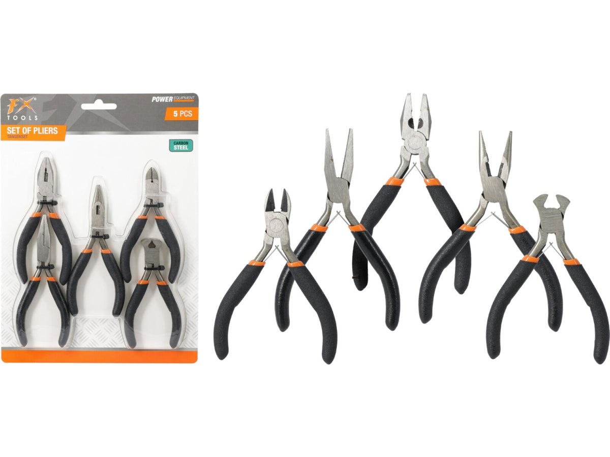 Set di 5 mini pinze in acciaio al carbonio con manici in PP bicolore nero/arancione. Include mini tronchese frontale 105mm, mini pinza da elettricista 120mm, mini pinza a becchi piatti 120mm, mini tronchese diagonale 110mm e mini pinza a becchi lunghi 120