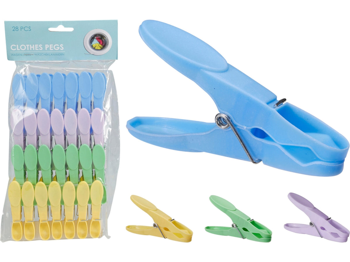 Set di 28 mollette da bucato in PP, lunghezza 8,5cm. Include 4 colori brillanti: blu, verde, giallo e viola