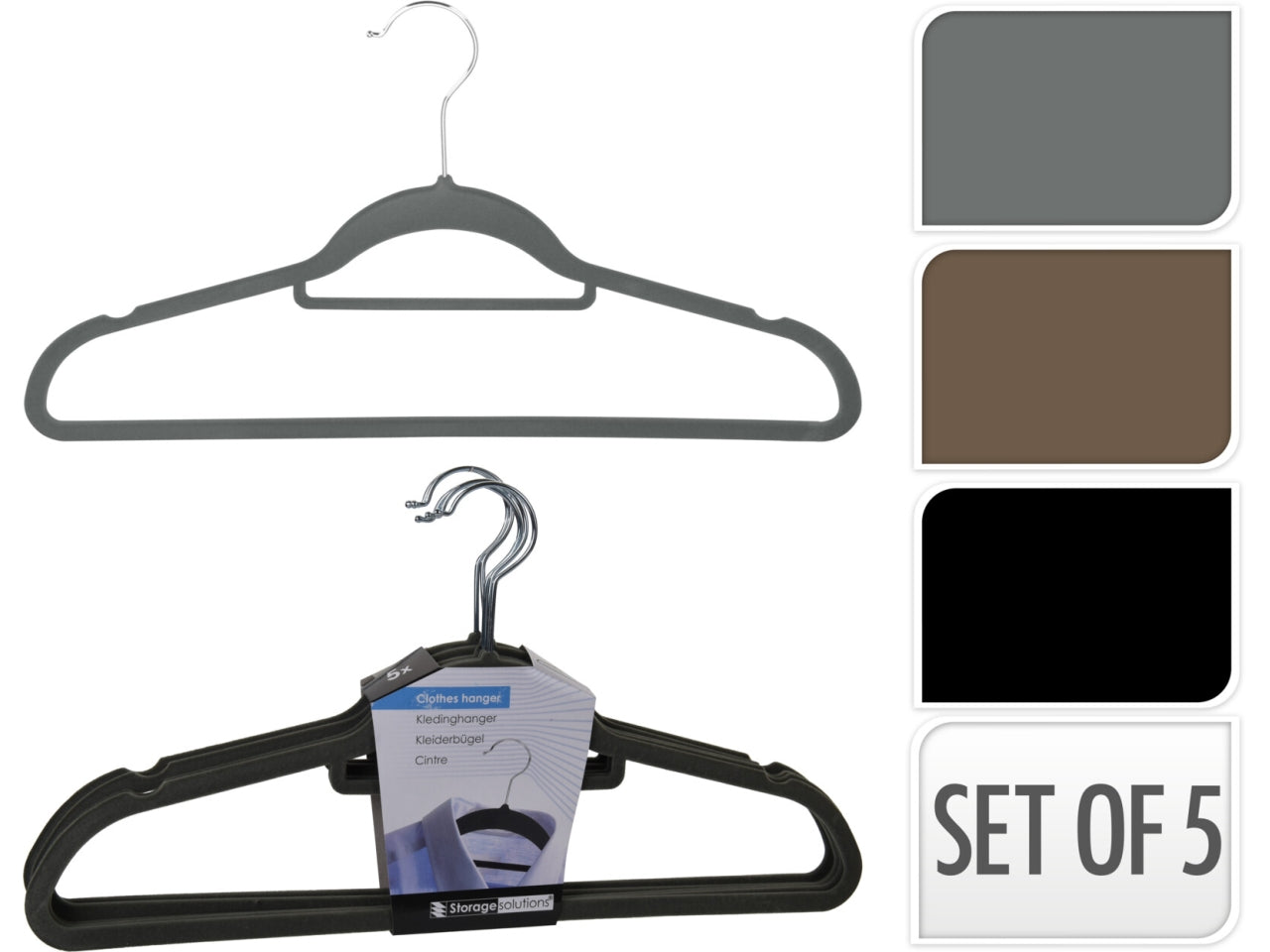 Set di 5 grucce in ABS con rivestimento in feltro. Dimensioni 45x24,5cm, peso 425gr per set