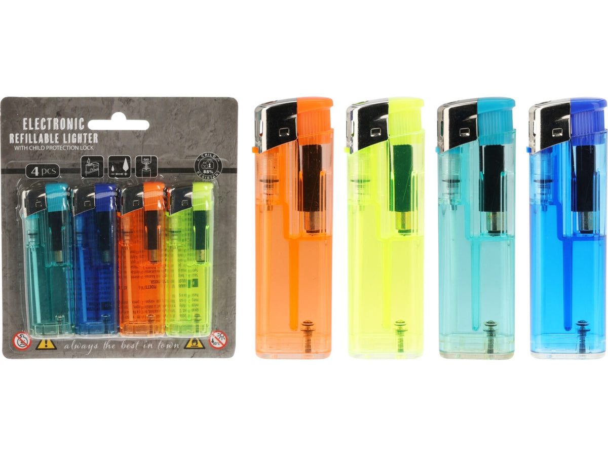 Accendigas elettronico ricaricabile con corpo in AS e ABS. Set da 4 pezzi con finitura trasparente nei colori turchese, blu, arancione e verde chiaro. Per pezzo 24x12x81mm e 16gr Dotato di blocco di sicurezza bambini e serbatoio riempito all'80%