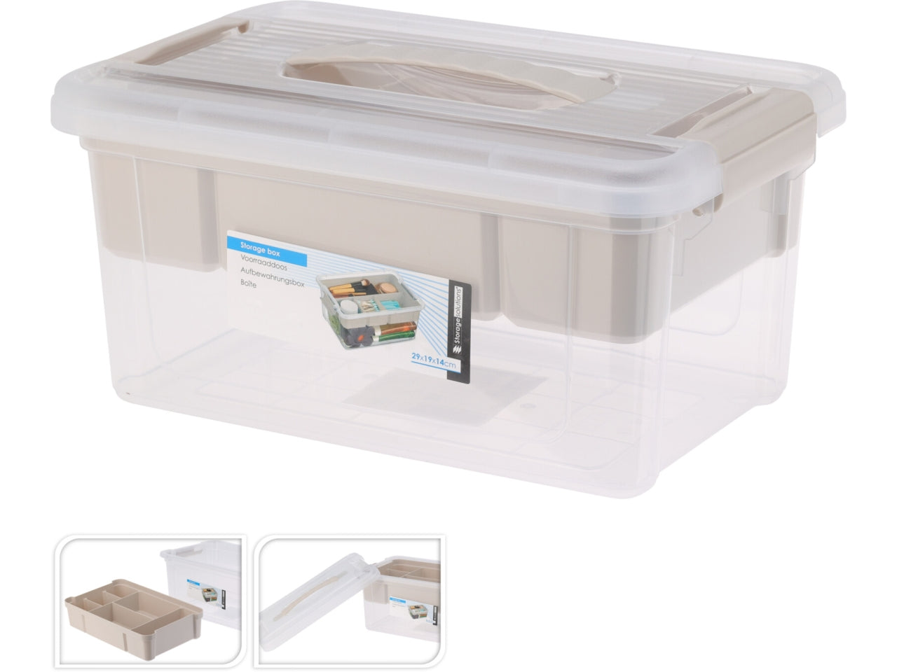 Scatola portaoggetti in PPRC trasparente con capacitÃ  di 5000ml. Dotata di manici grigi e organizer. Dimensioni 29x19x14cm, peso 415gr