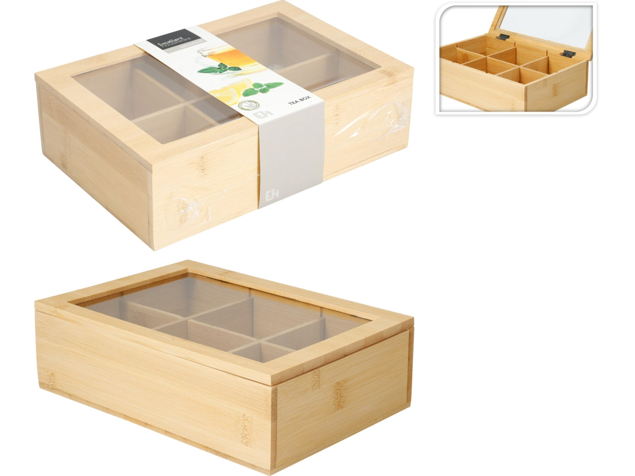 Scatola da tÃ¨ in bambÃ¹, misura 24x16xH.7cm, peso 540gr Con 6 scomparti e coperchio trasparente