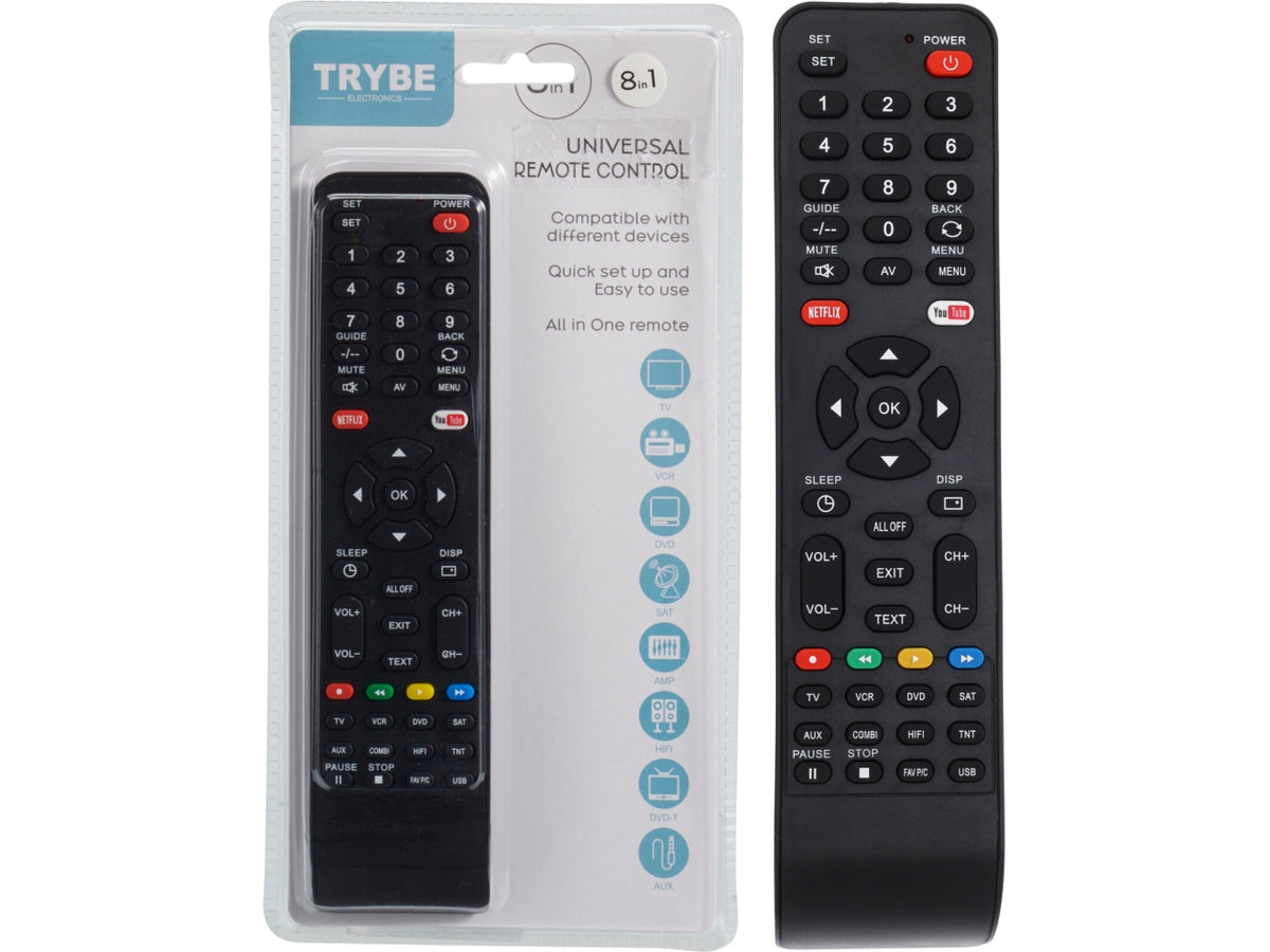 Telecomando universale con 8 funzioni per TV, VCR, DVD, AUX, SAT, AMP, HIFI e DVB-T. Dimensioni 5x1,8x20,5cm. Funziona con 2 batterie AAA (non incluse). Peso 74gr