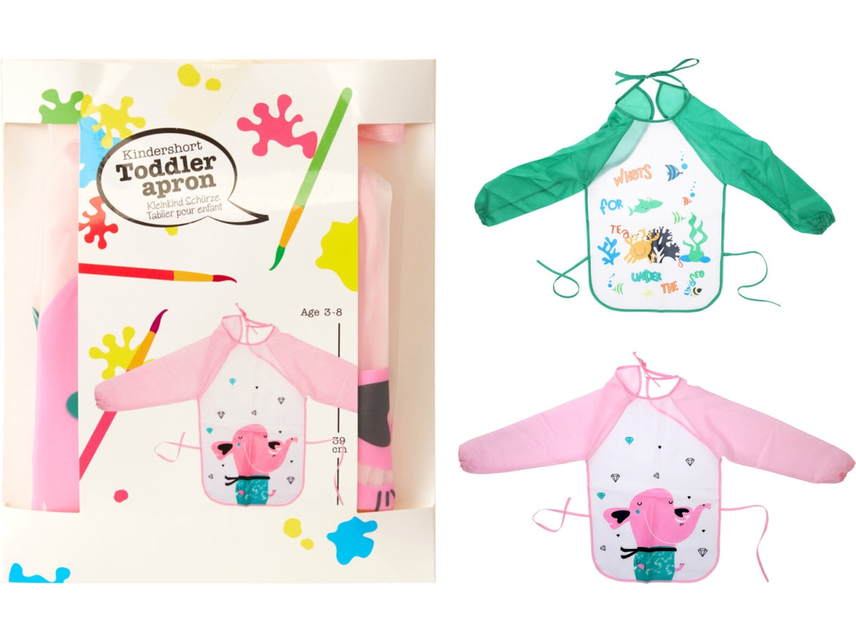 Grembiule da pittura per bambini in materiale PP, lunghezza 39cm, larghezza inferiore 34cm e maniche da 40cm. Con 2 stampe assortite
