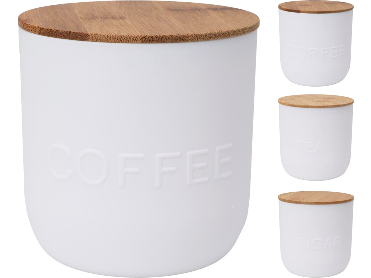 Scatola dispensa in PP, capacitÃ  1000ml, d.12xh.12cm, spessore 2mm, peso 175gr. Colore bianco con 3 design assortiti: caffÃ¨, tÃ¨ e zucchero. Coperchio in bambÃ¹ con anello in silicone