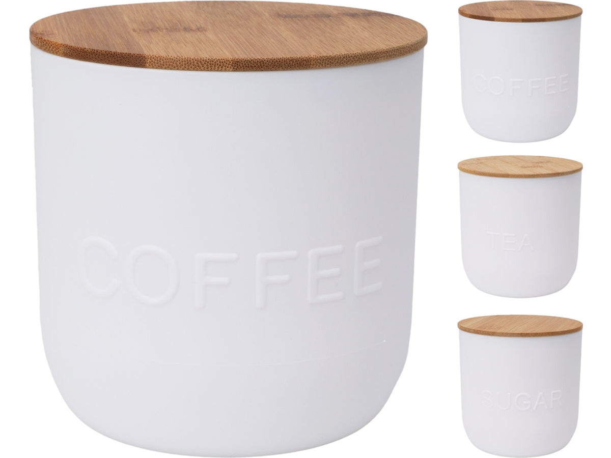 Scatola dispensa in PP, capacitÃ  1000ml, d.12xh.12cm, spessore 2mm, peso 175gr. Colore bianco con 3 design assortiti: caffÃ¨, tÃ¨ e zucchero. Coperchio in bambÃ¹ con anello in silicone