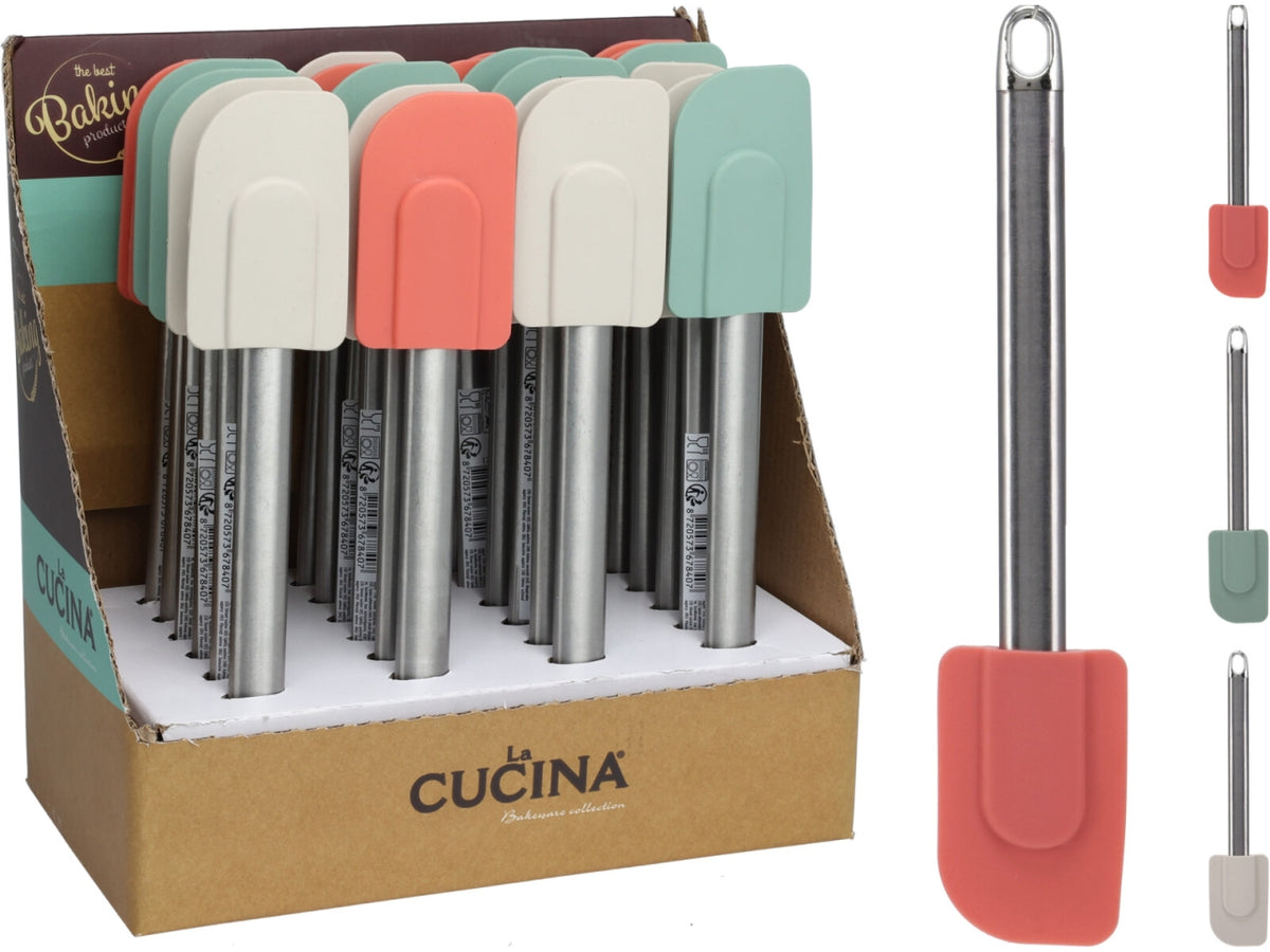 Spatola in silicone con manico in acciaio inox, lunghezza 24cm e peso 37gr. Conforme agli standard LFGB e DGCCRF. In 3 colori assortiti Cucina HG 2022