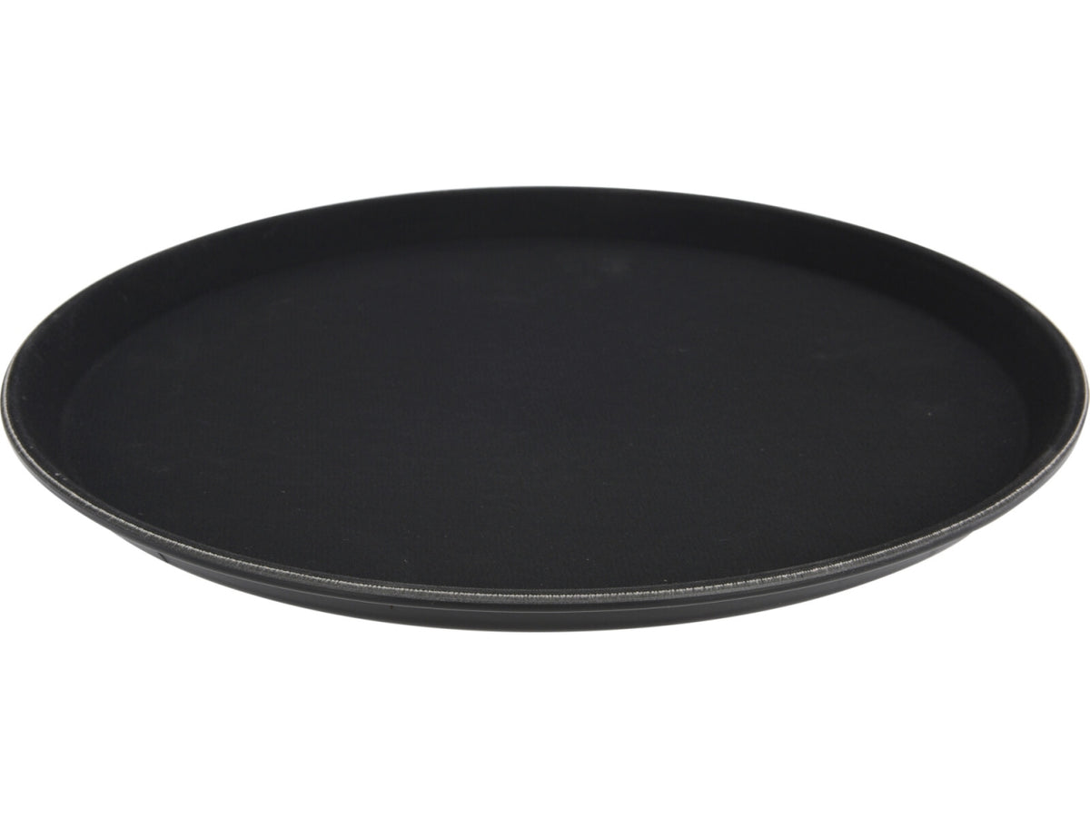 Vassoio da servizio in PP, diametro 35cm, altezza 2cm. Colore nero con finitura in gomma antiscivolo