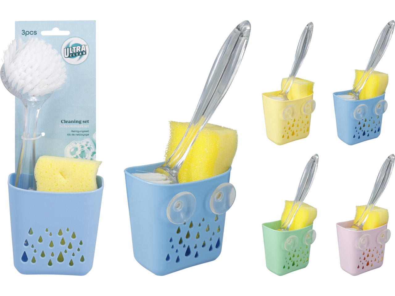 Set pulizia 3 pezzi: spazzola in PP con manico in PS d.7xL.23cm, spugna abrasiva 11x6x2,7cm e supporto in PE con TPE e 2 ventose 10,5x8xH.11cm. In 4 colori assortiti: giallo, verde, viola e blu
