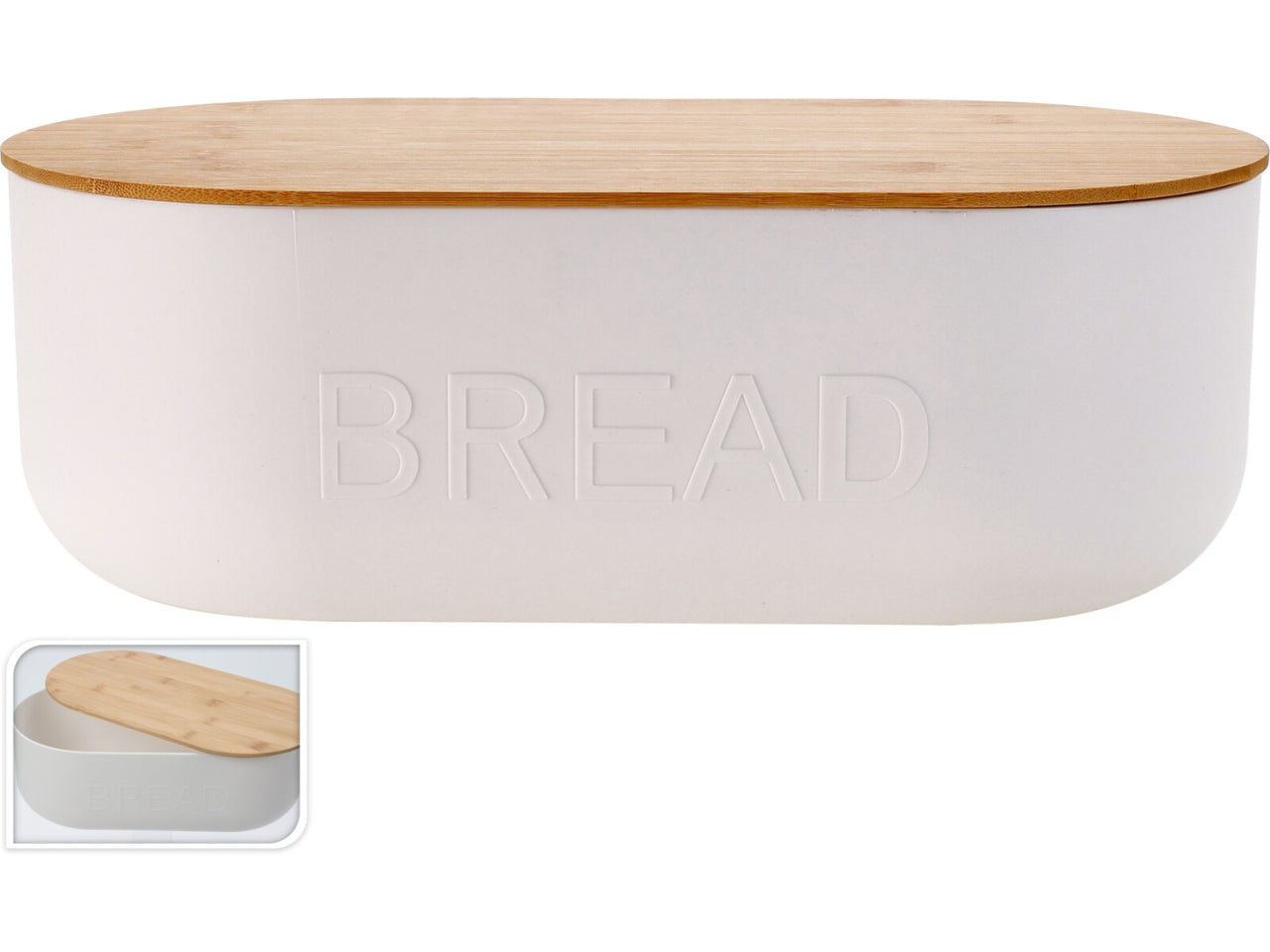 Portapane in PP, dimensioni 35x19xH.12cm, peso 690gr. Colore bianco con motivo pane e coperchio in bambÃ¹