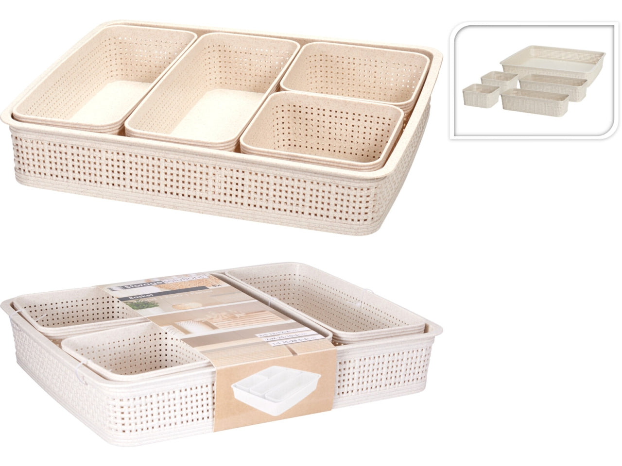 Set di 5 cestini in PP con design intrecciato colore sabbia. Include 2 cestini piccoli (12,2x12,2x6cm), 2 medi (25x10x6cm) e 1 grande (35x28,5x6cm). Peso totale 565gr