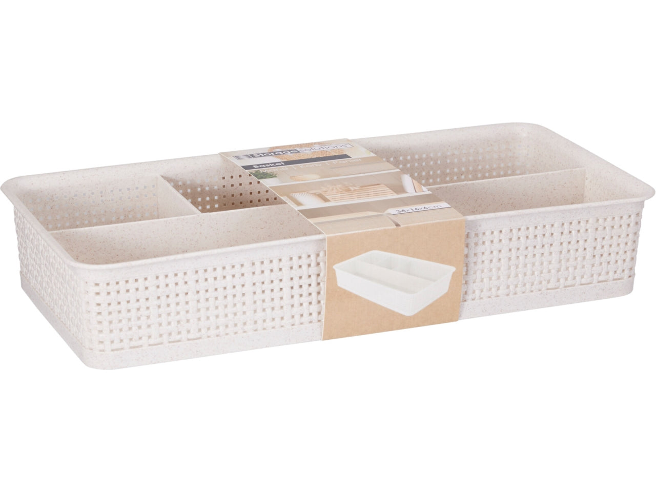 Cesto in PP con motivo intrecciato, dimensioni 34x16,5x6cm, peso 220gr. Dotato di 4 scomparti e fascia di carta design.