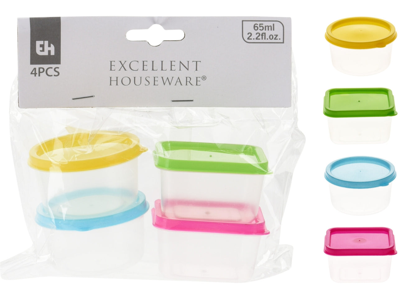 Set di 4 contenitori scorta in PP da 65ml ciascuno, in due forme: rotonda d.6,2xH.3,5cm e rettangolare 6x5x3,5cm. Coperchi in quattro colori: blu, rosa, giallo e verde