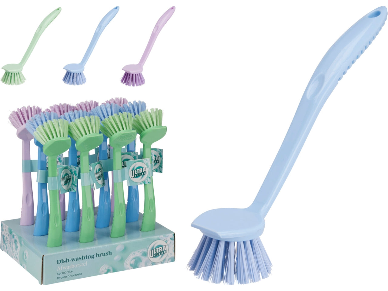 Spazzola per piatti in PP, 245x50x55mm, peso 44gr. In 3 colori assortiti Happy Cleaning