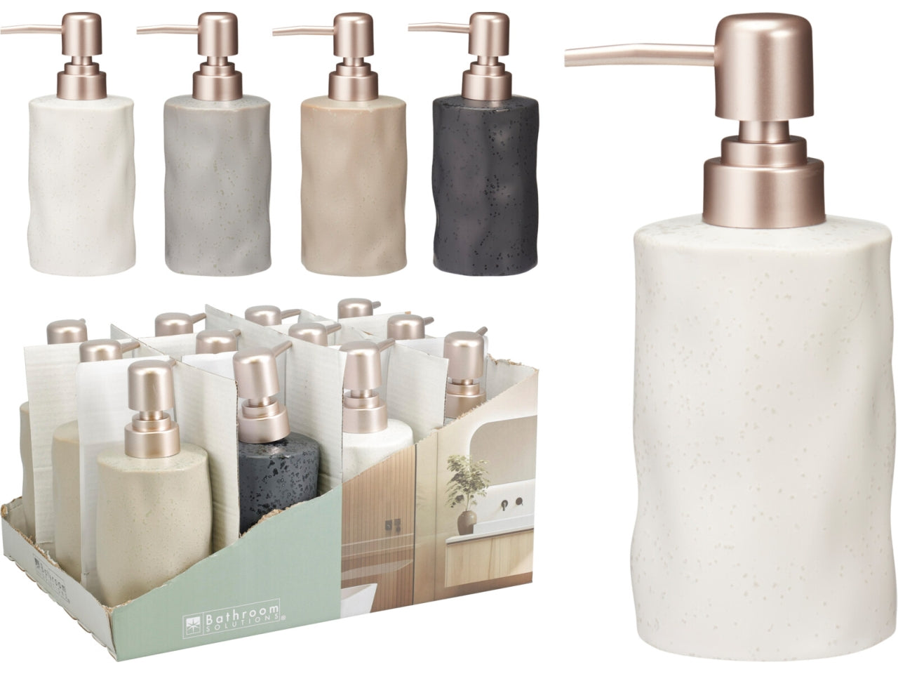 Dispenser sapone in gres, capacitÃ  300ml, dimensioni d.8xH.17cm. Forma irregolare in 4 colori assortiti con pompa in PP argentata