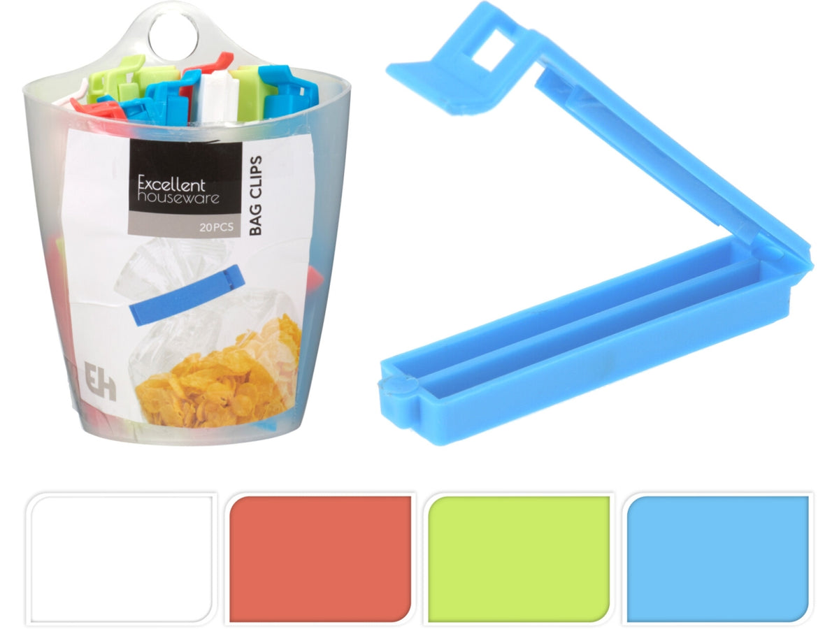 Set di 20 clip per sacchetti in 2 misure: 10 clip piccole da 6cm e 10 clip grandi da 11cm. In PP e fornite in supporto. Colori: verde, blu, rosso e bianco. Ogni set Ã¨ confezionato termoretraibile