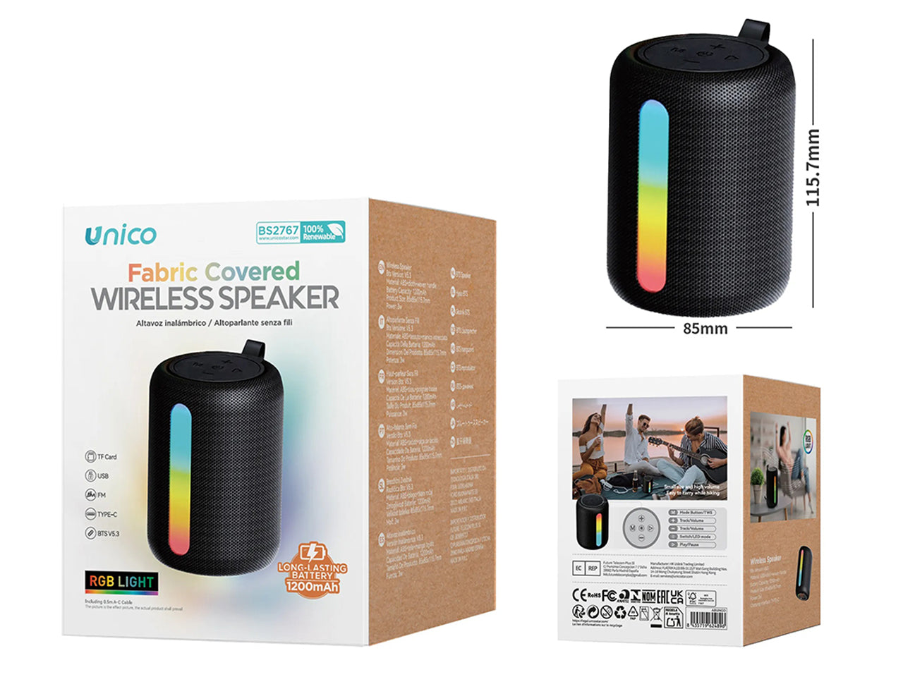 Casse in tessuto, RGB laterale, versione verticale, 3W, nero