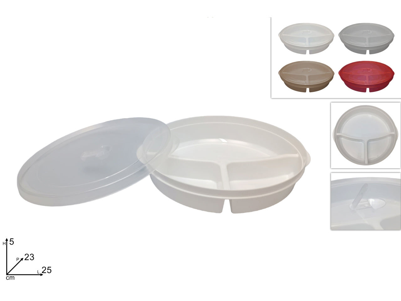 Contenitore in plastica tondo con 3 scomparti e coperchio in  4 colori assortiti