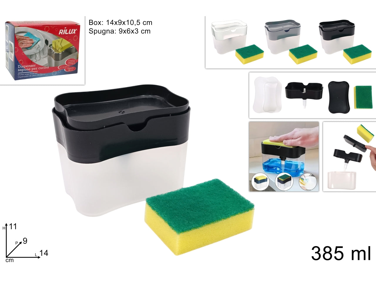 Dispencer detersivo 385ml 2in1 con spugna in 3 colori assortiti