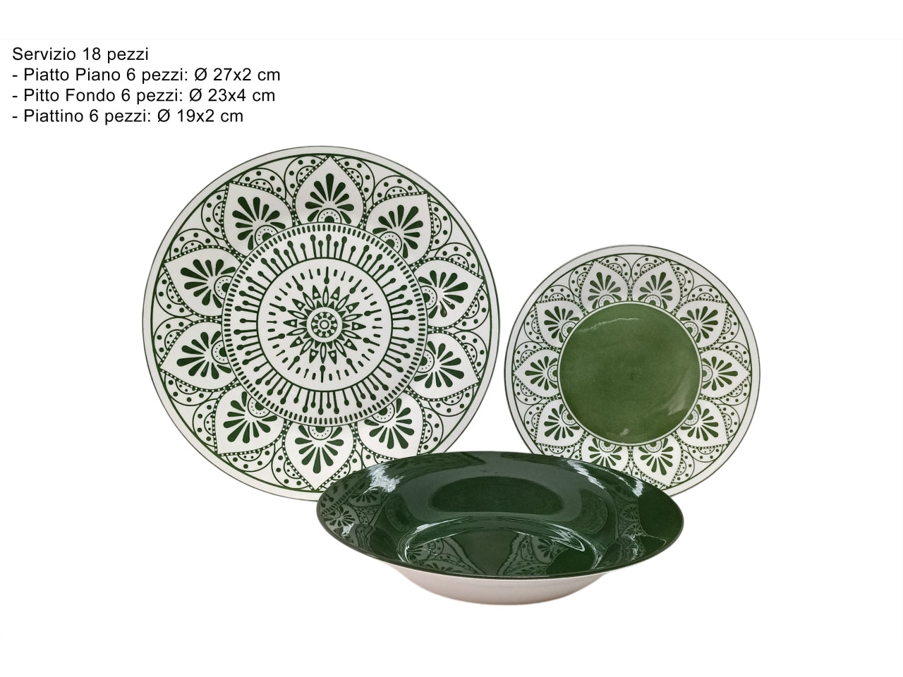 Servizio di piatti da 18 pezzi, decoro fiore stilizzato verde