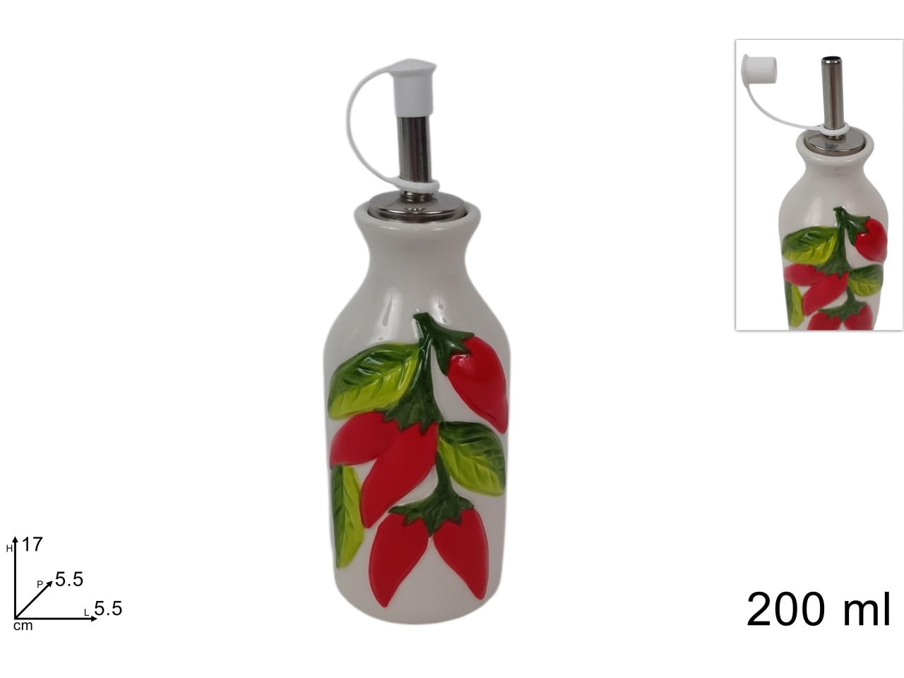 Bottiglia olio/aceto in ceramica da 200ml con peperoncini