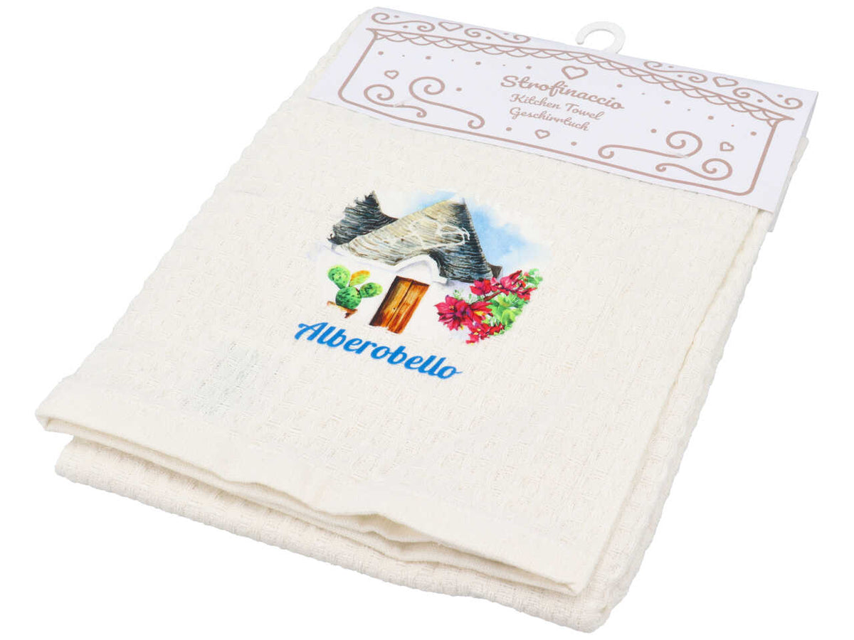 Strofinaccio cotone bianco stampa puglia alberobello