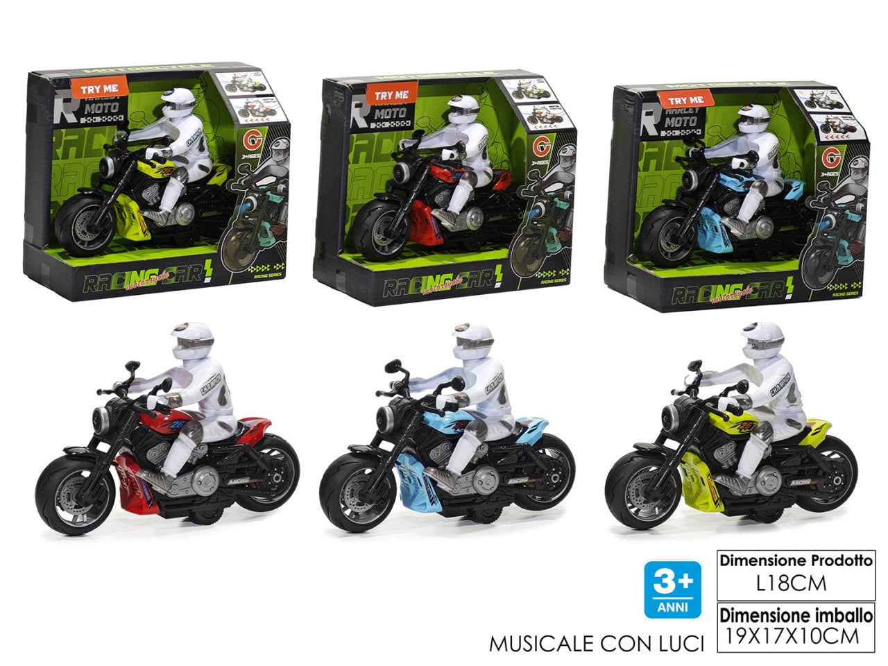 Moto luci e suoni in 3 assortimenti