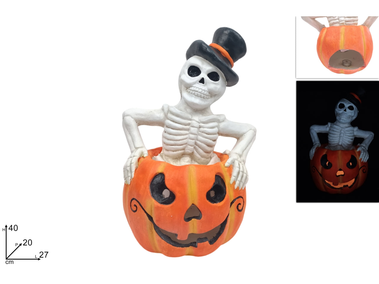 Zucca portacandele in ceramica con scheletro h.40cm