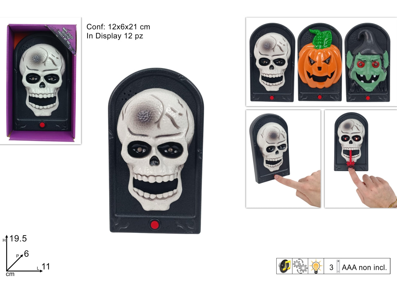 Campanello Halloween con luci suono e movimento in 3 soggetti assortiti
