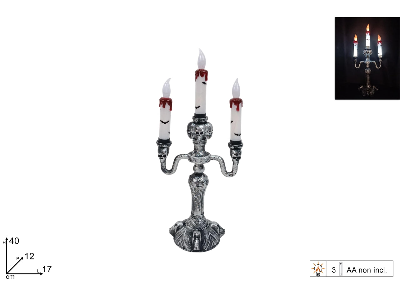 Candeliere Halloween 40cm con candele luminose a batteria