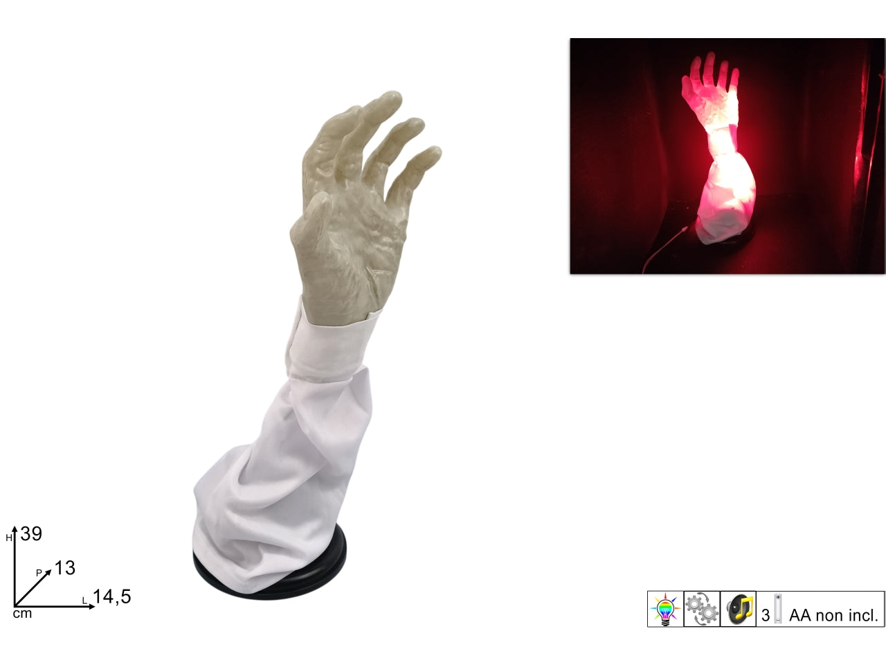Mano 36cm con movimento, luci e suoni a batteria