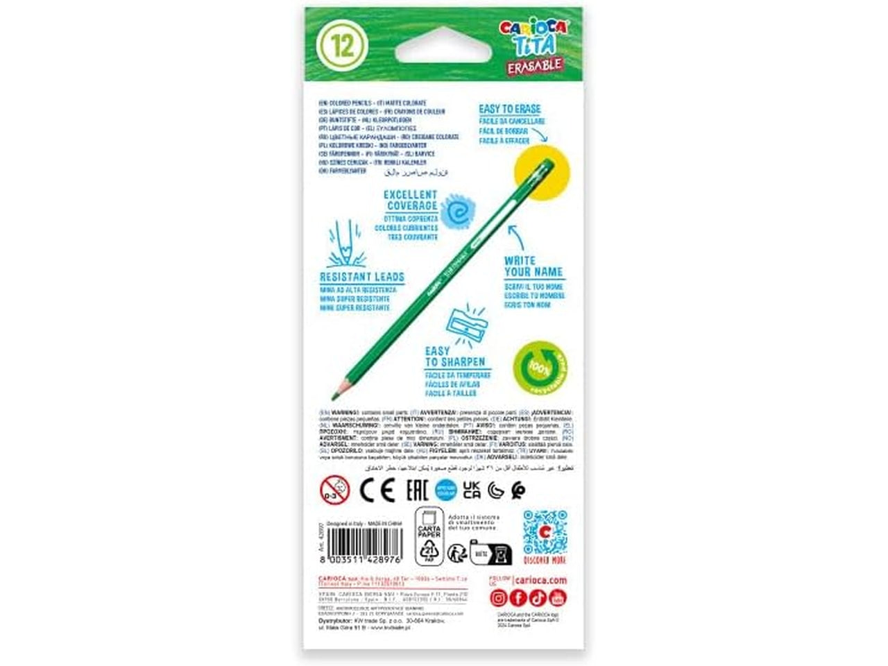 Pastelli cancellabili Carioca Tita Erasable, astucci da 12 matite colorate