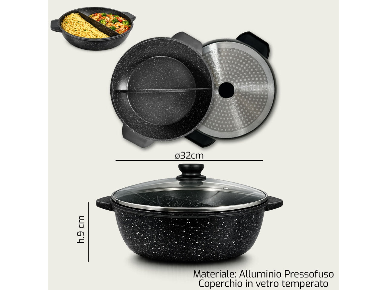 Tegame Vulcania 32xh.9cm in alluminio con 2 scomparti e coperchio in vetro