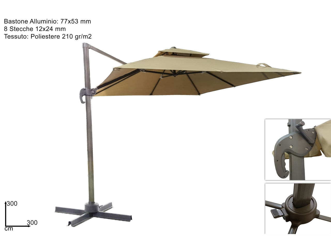 Ombrellone a braccio 3x3mt doppio tetto con manovella beige scuro