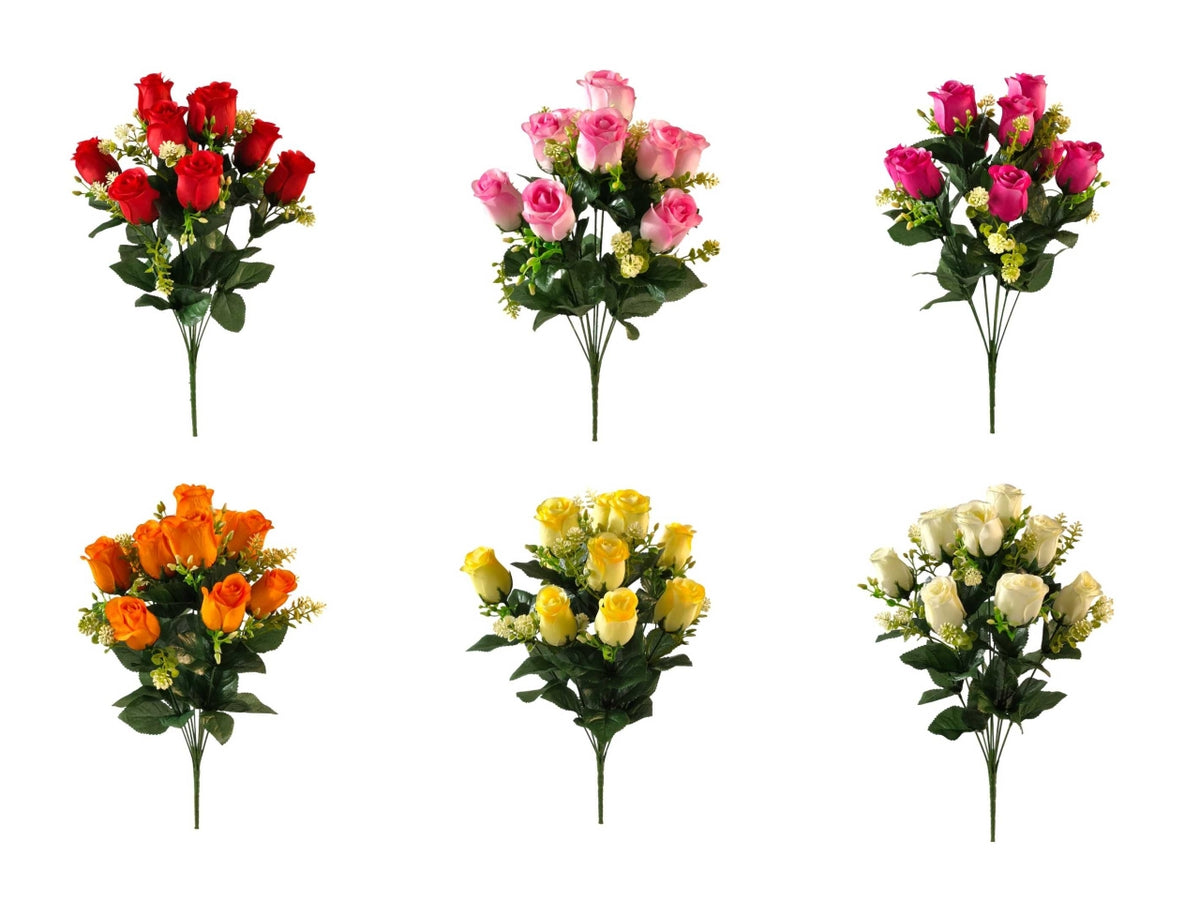 Boccioli di rosa con 10 rametti in colori assortiti