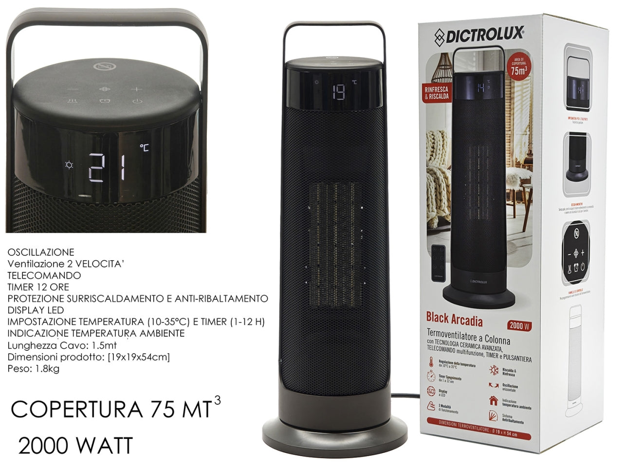 Termoventilatore a colonna Black Arcadia 2000W 19x19xh.54cm con oscillazione, 2 velocitÃ  e telecomando