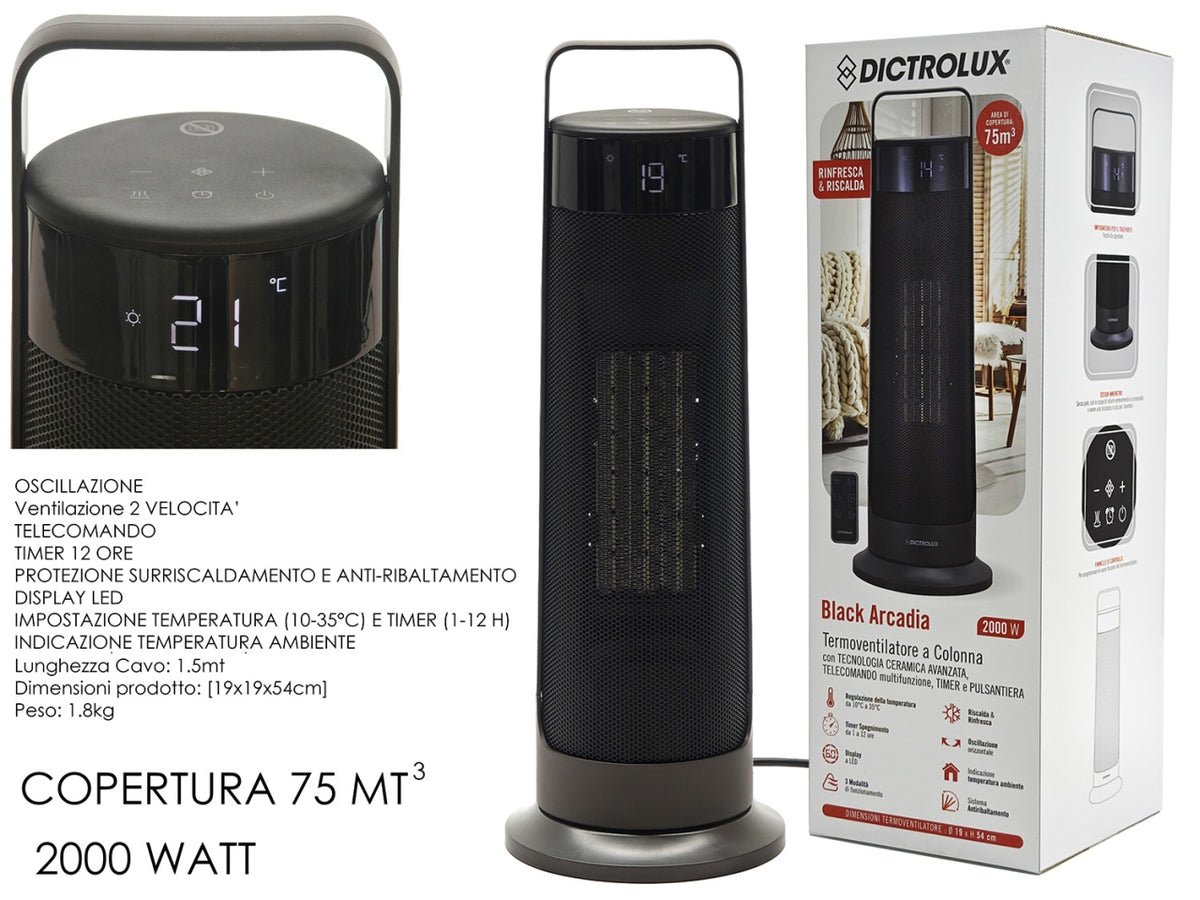 Termoventilatore a colonna Black Arcadia 2000W 19x19xh.54cm con oscillazione, 2 velocitÃ  e telecomando