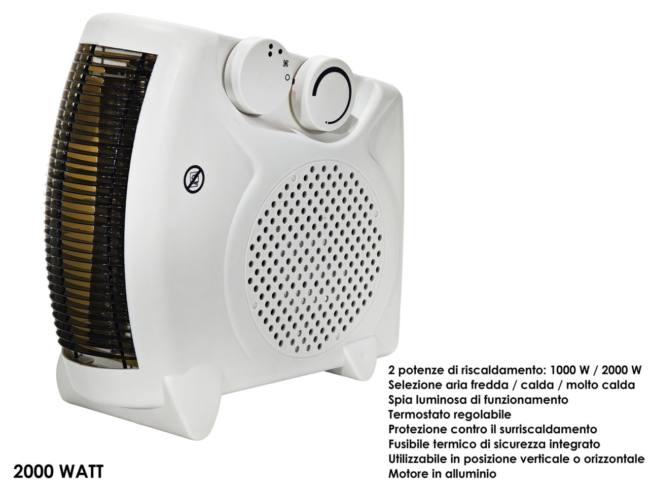Termoventilatore con 2 potenze di riscaldamento 1000-2000Watt