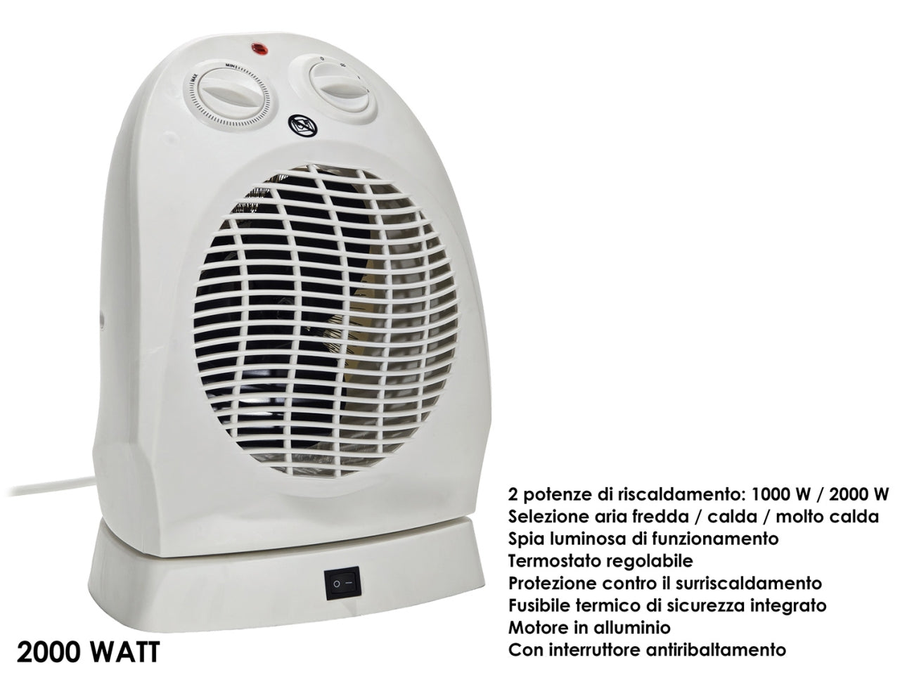 Termoventilatore oscillante a 2 potenze di riscaldamento 1000-2000Watt