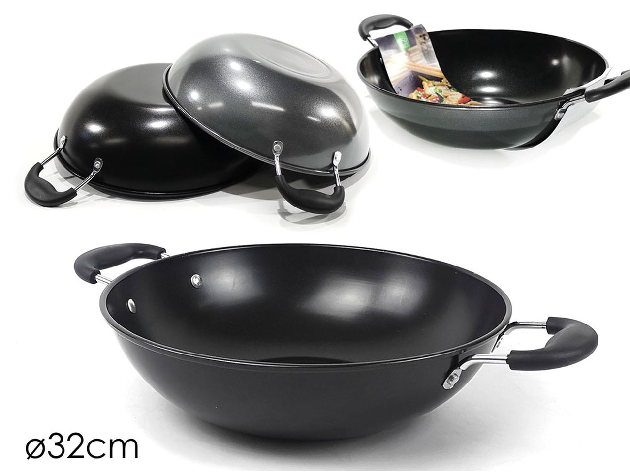 Wok d.32cm con 2 manici tondi in 2 assortimenti