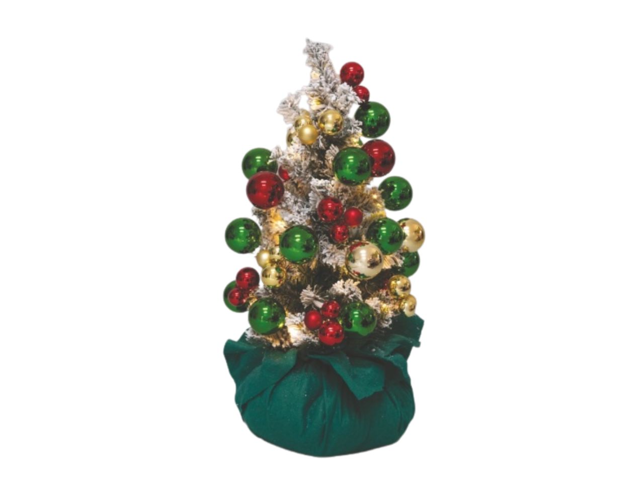 Albero di Natale 60cm innevato con base in juta, sfere multicolor e 30 led rame a batteria