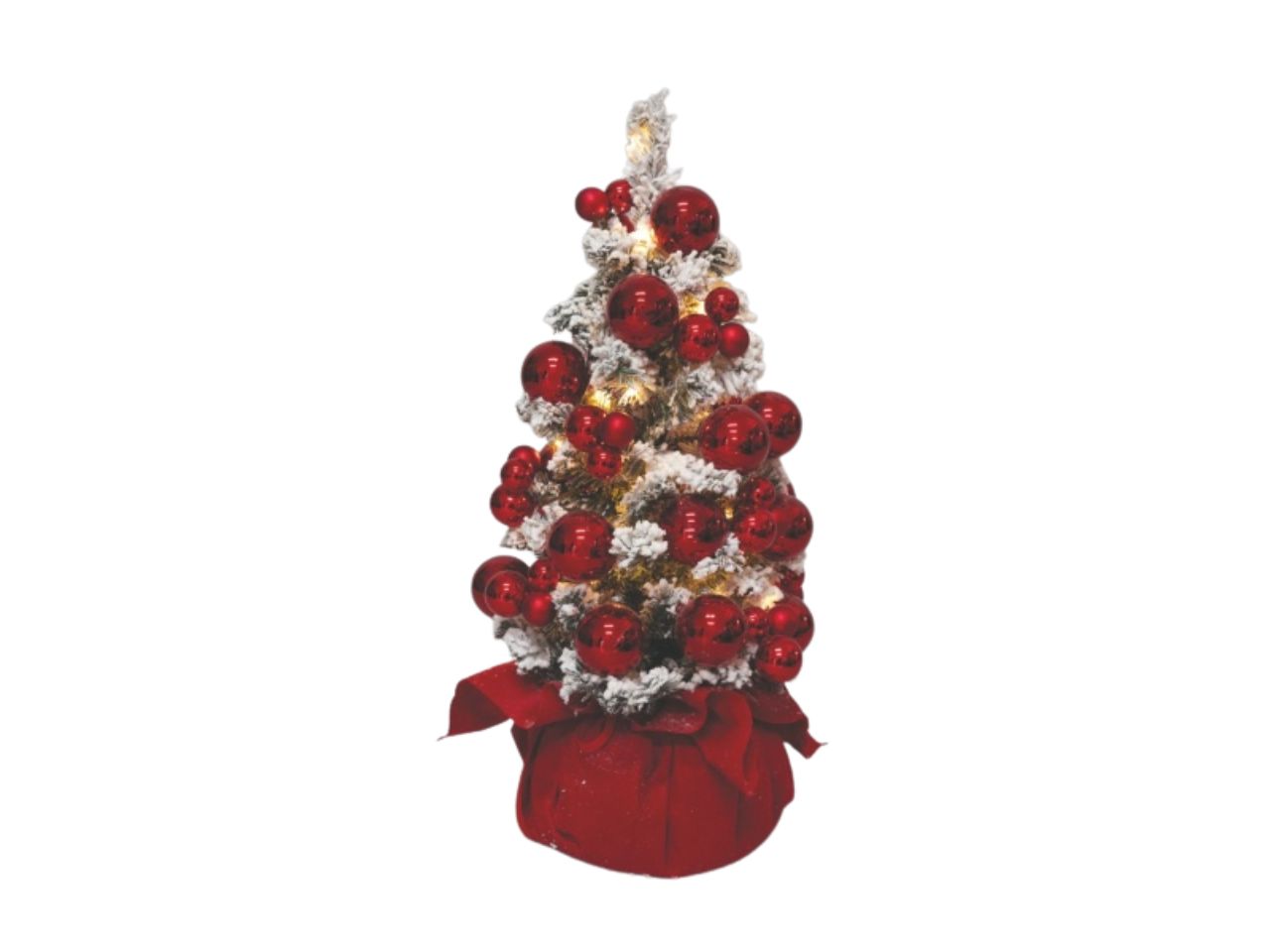 Albero di Natale 60cm innevato con base in juta, sfere rosse e 30 led rame a batteria