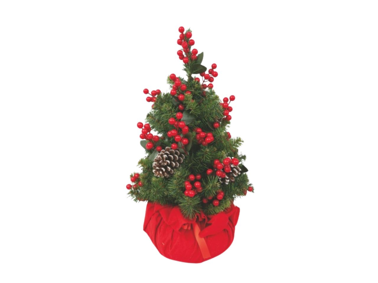 Albero di Natale 60cm verde decorato con bacche, pigne e base in juta