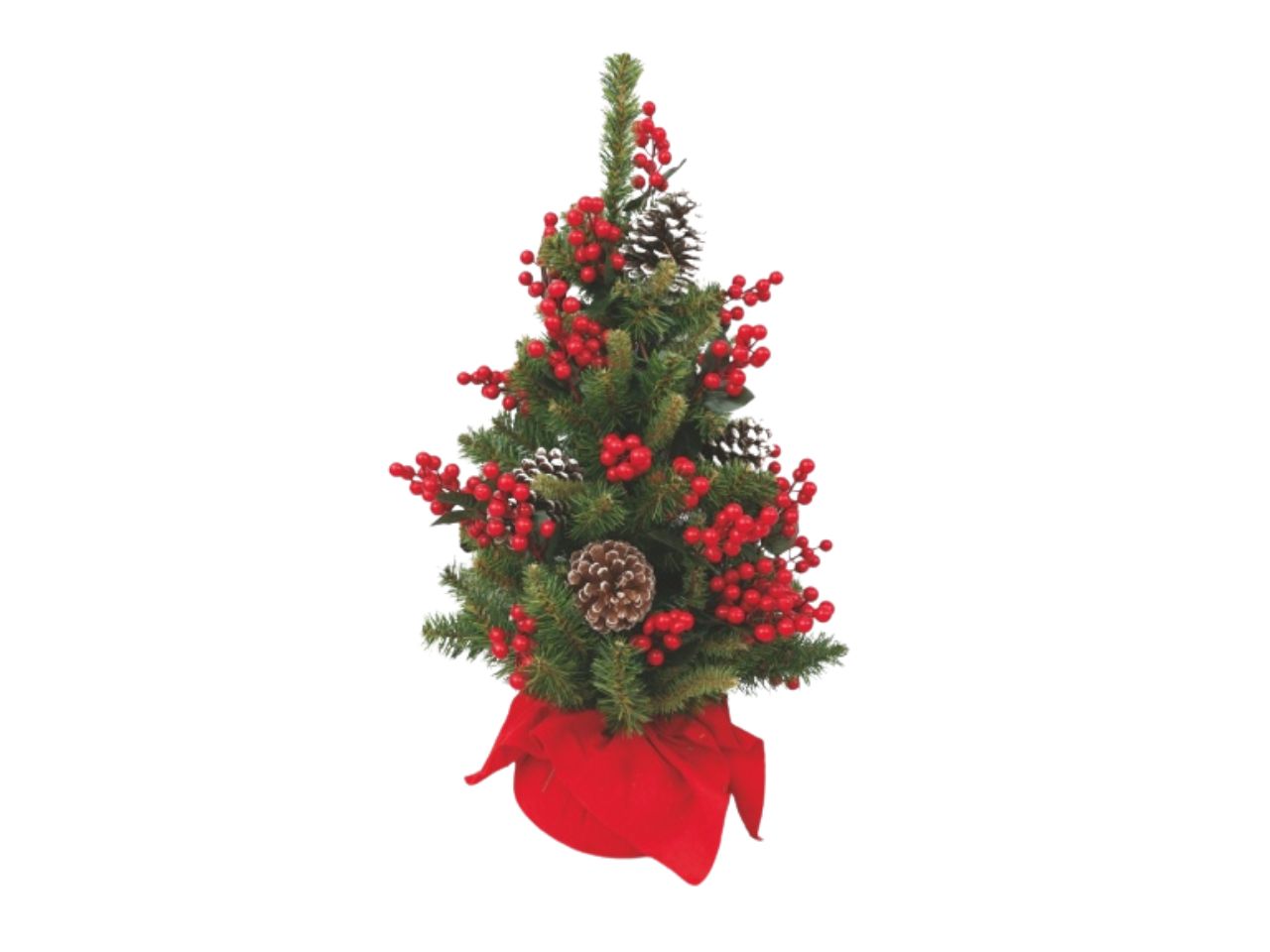 Albero di Natale 80cm verde decorato con bacche, pigne e base juta