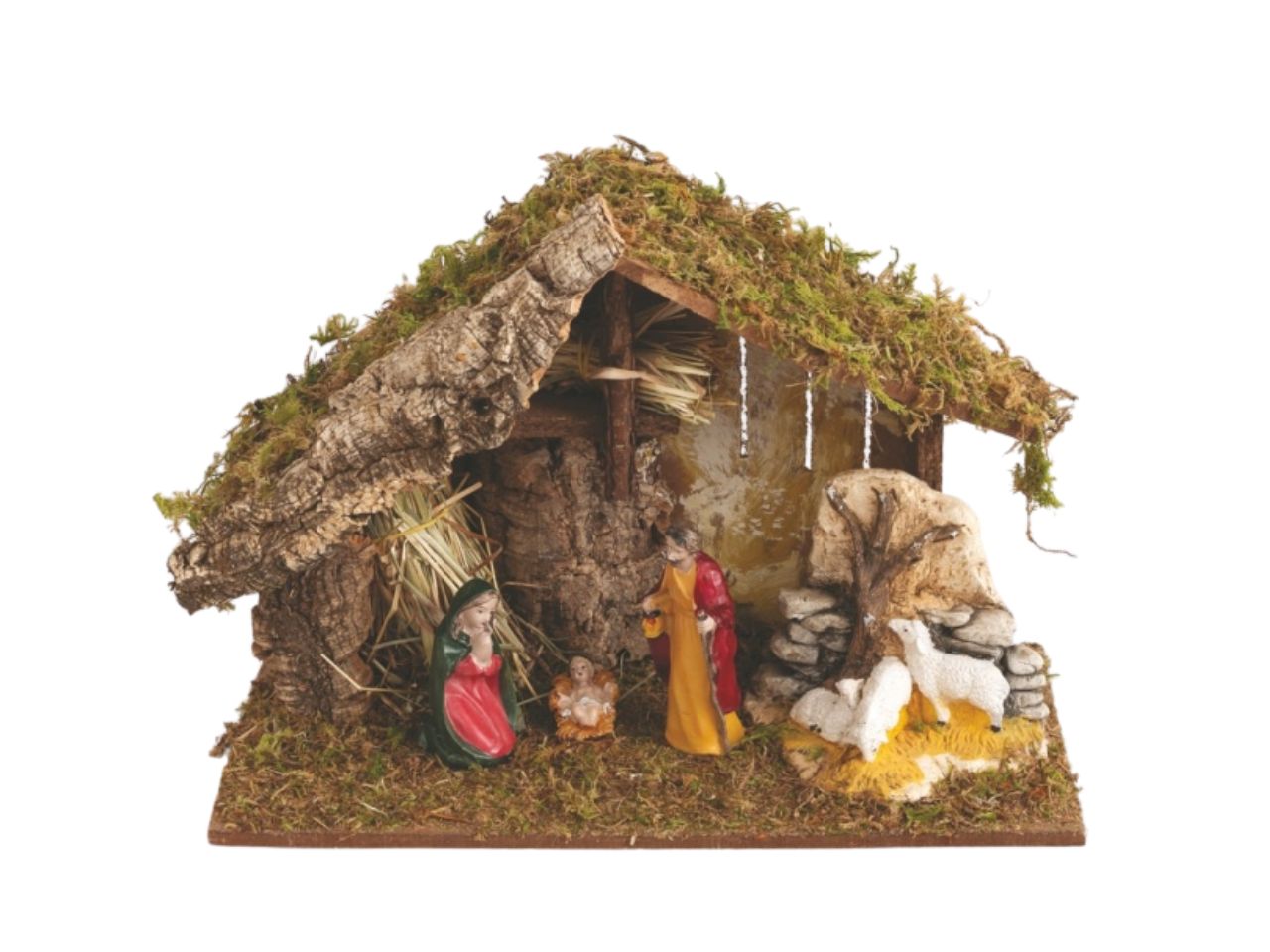 Capanna per presepe in legno con nativitÃ  in resina 35x16x24cm 3 figure