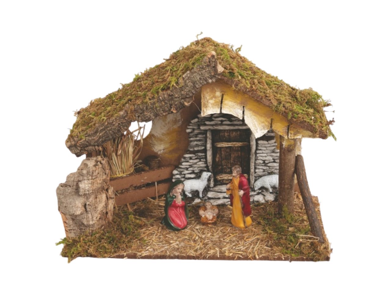 Capanna per presepe in legno con nativitÃ  in resina 39x19x28cm 3 figure