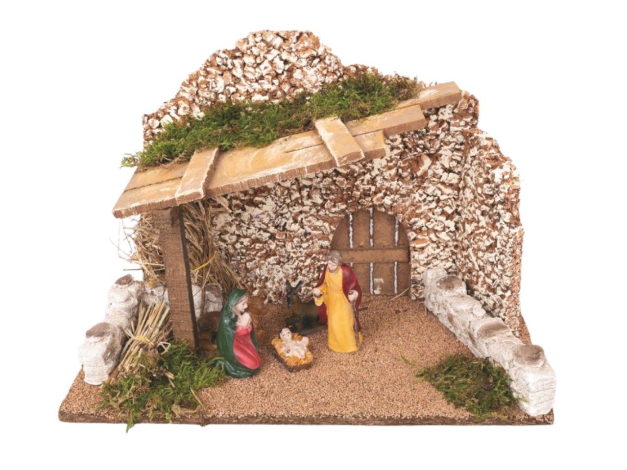 Capanna per presepe con 5 personaggi 10cm e parete roccia innevata 40x20x28cm