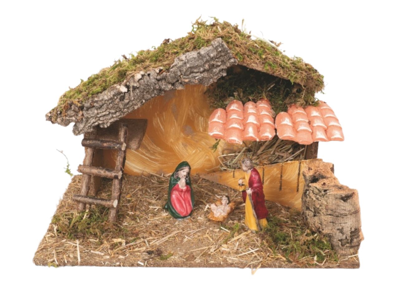Capanna per presepe con 3 personaggi resina 10cm e tettoia tegole 40x23x27cm