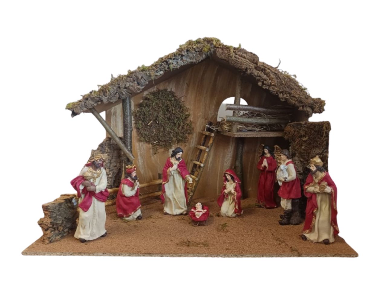 Capanna per presepe in resina con muschio 70x40x50cm con 11 soggetti 25cm maxi