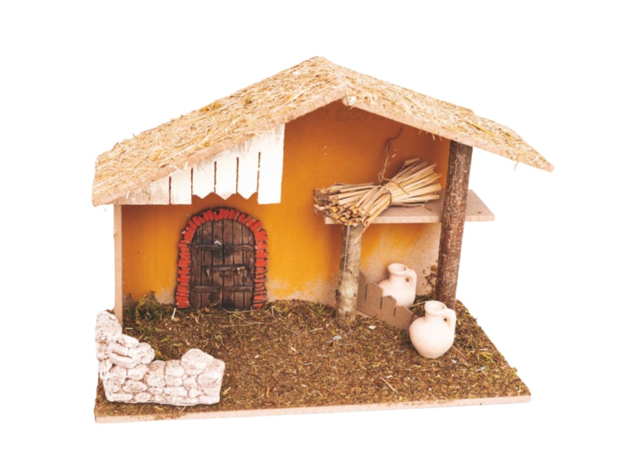 Capanna per presepe nuda in legno con tetto in paglia e anfore 39x19x28cm